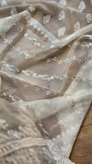 Half White Organza Saree with Unique Bird Chikankari Embroidery Design