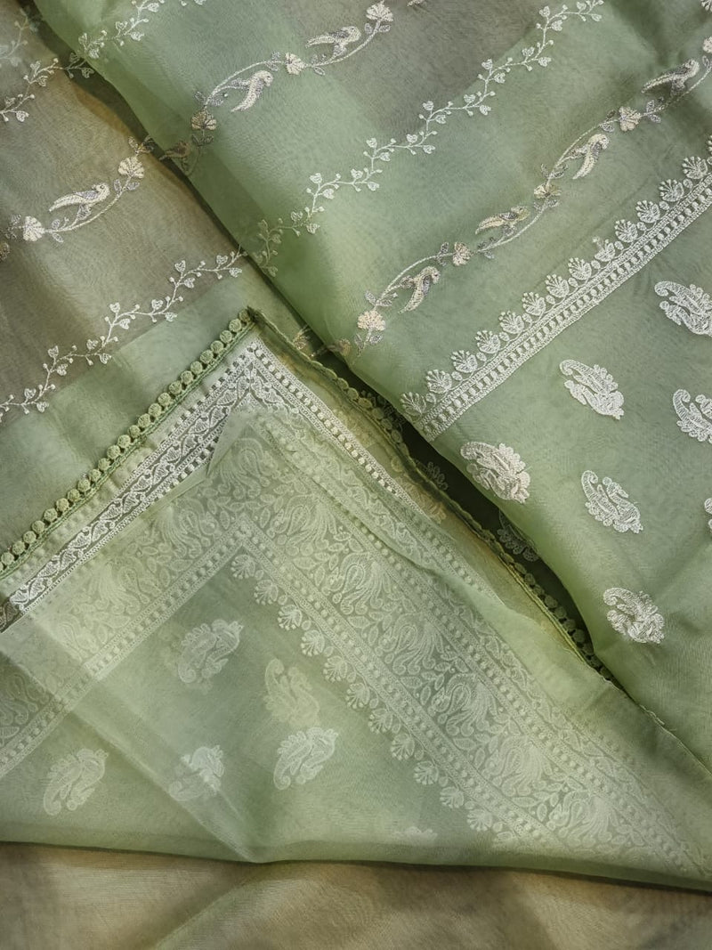 Green Organza Saree with Unique Bird Chikankari Embroidery Design