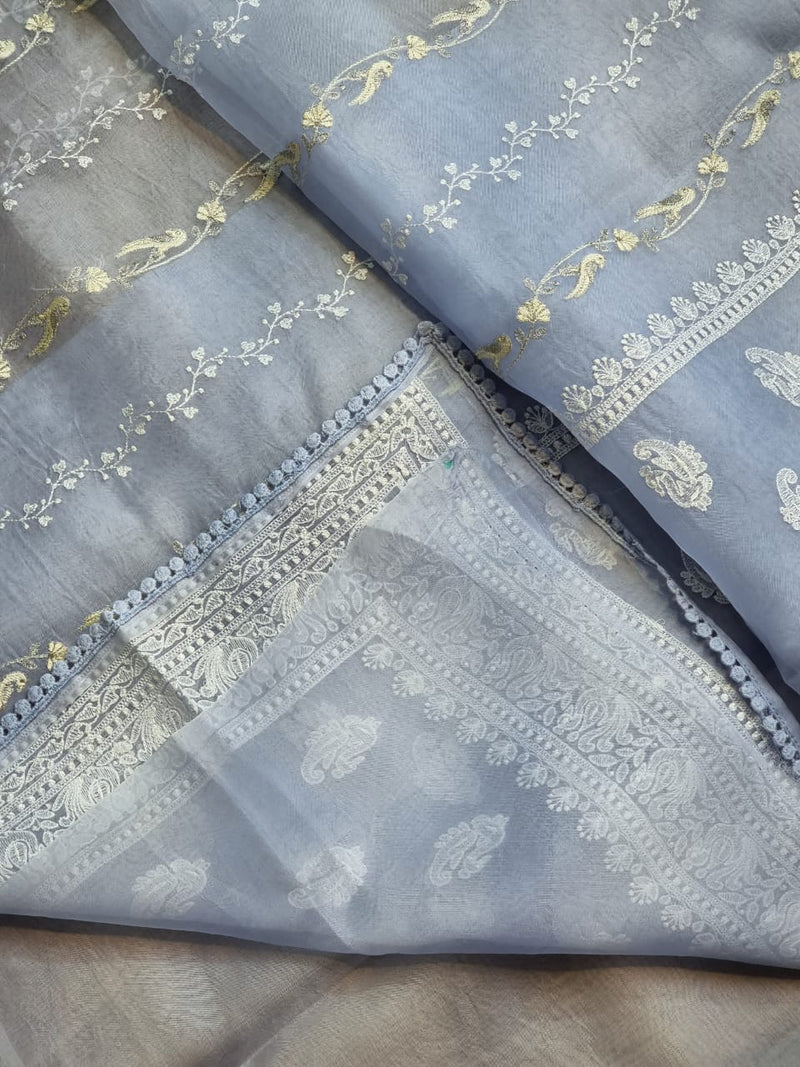 Pastel Blue Organza Saree with Unique Bird Chikankari Embroidery Design