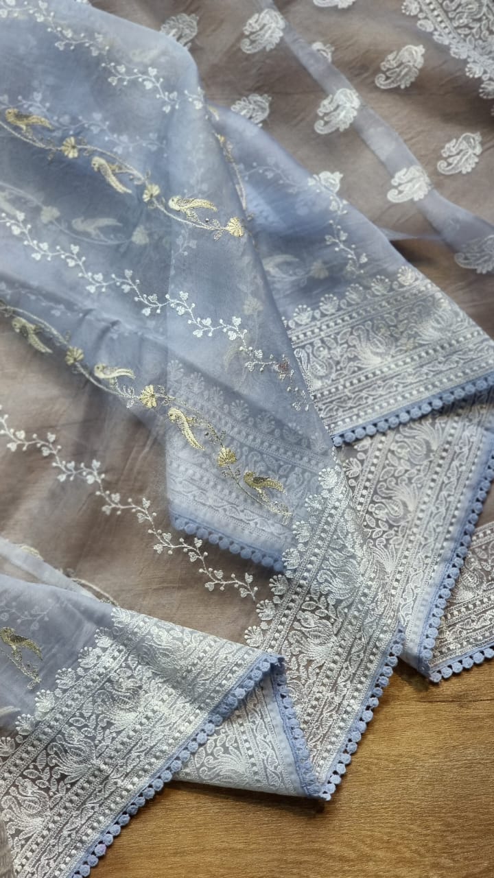 Pastel Blue Organza Saree with Unique Bird Chikankari Embroidery Design