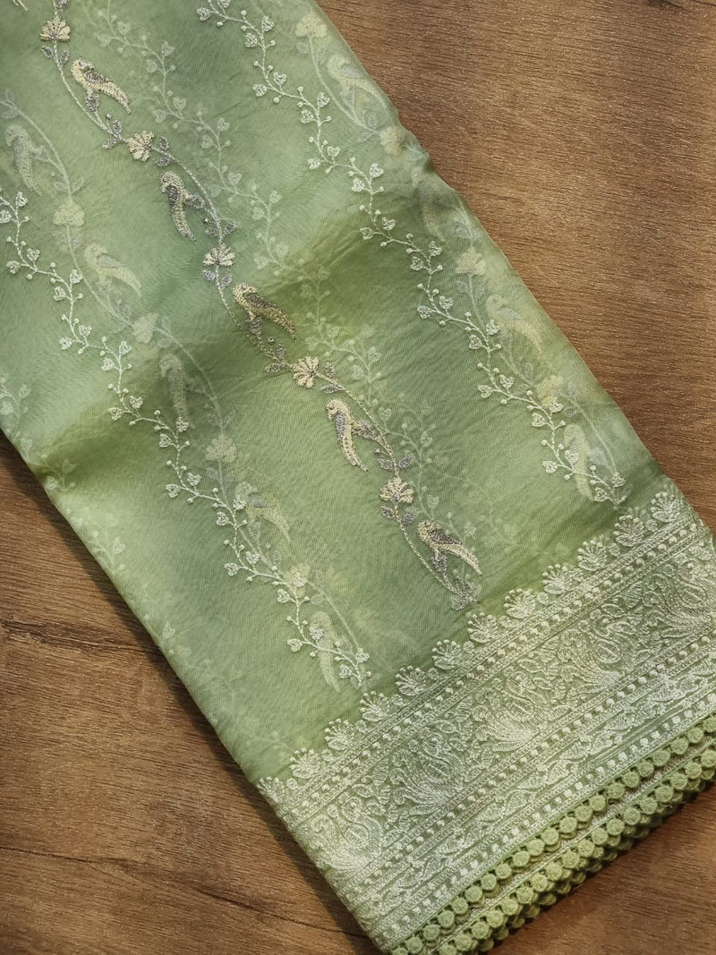 Green Organza Saree with Unique Bird Chikankari Embroidery Design