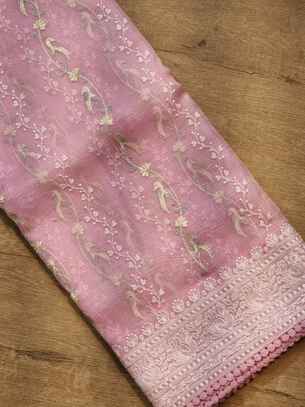 Pink Organza Saree with Unique Bird Chikankari Embroidery Design