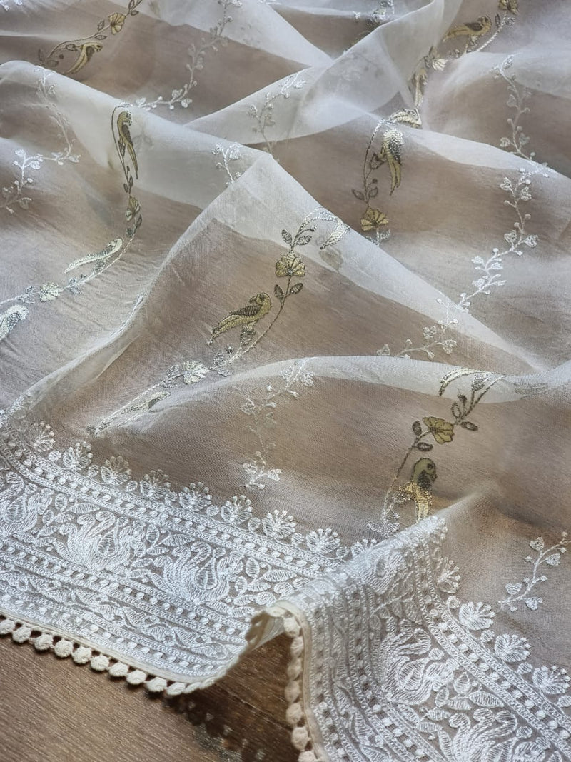 Catalogue - Organza Saree with Unique Bird Chikankari Embroidery Design