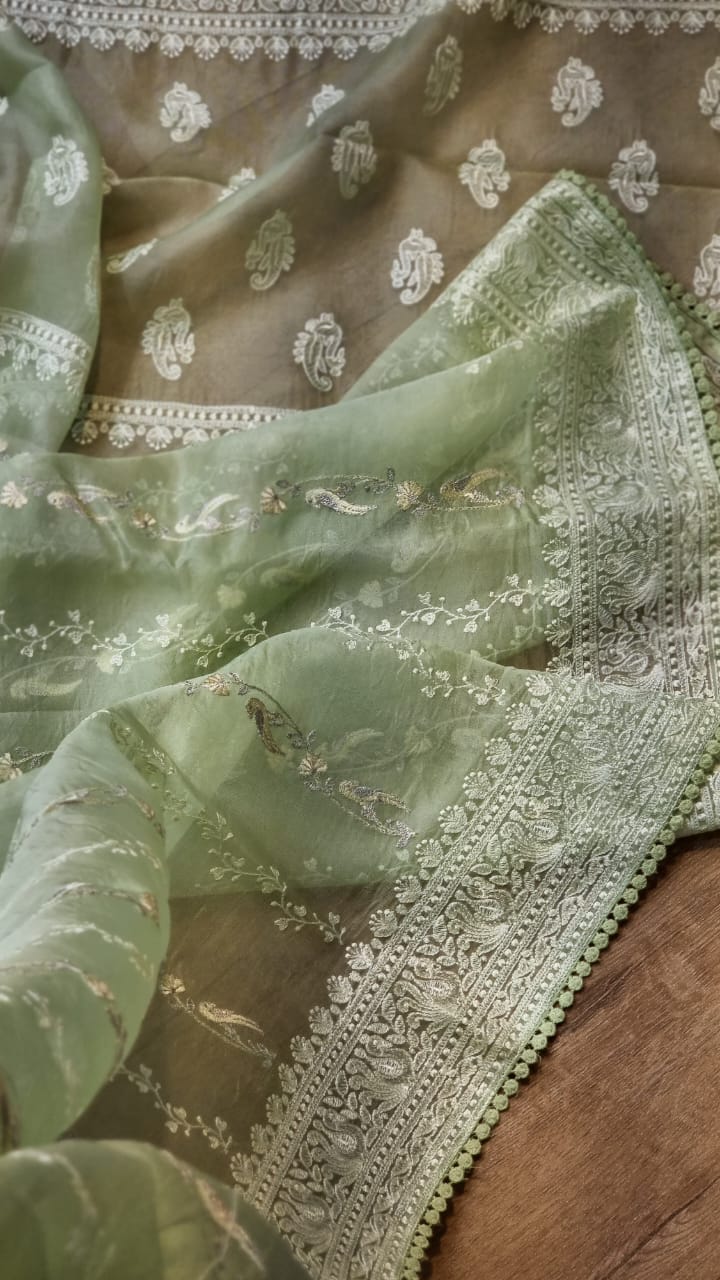 Green Organza Saree with Unique Bird Chikankari Embroidery Design