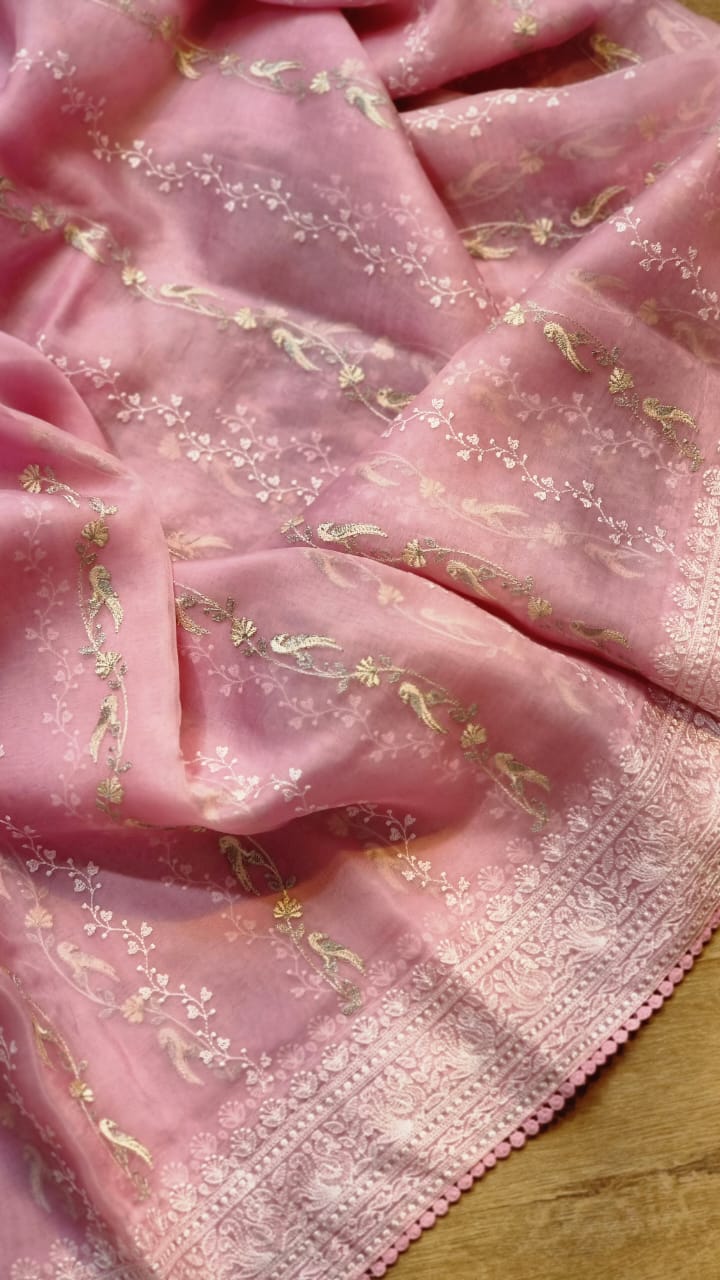 Catalogue - Organza Saree with Unique Bird Chikankari Embroidery Design