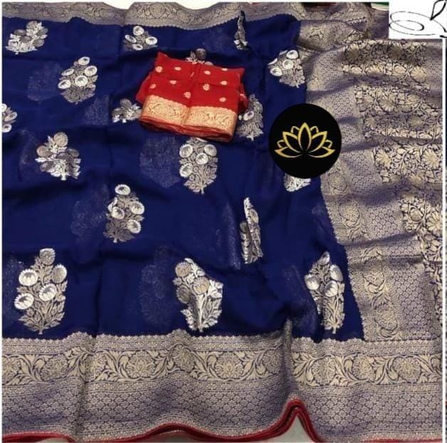 Blue Designer Khaddi Georgette Saree with Contrast Blouse