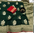 Green Designer Khaddi Georgette Saree with Contrast Blouse
