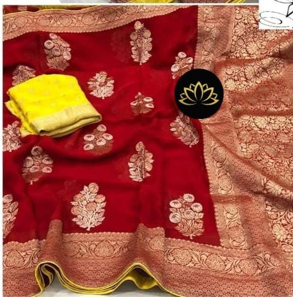 Red Designer Khaddi Georgette Saree with Contrast Blouse