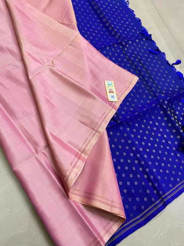 Pink Plain Soft Silk Saree with Contrast Designer Pallu & Blouse