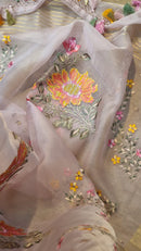 Pastel Pink Organza Floral Embroidery Saree