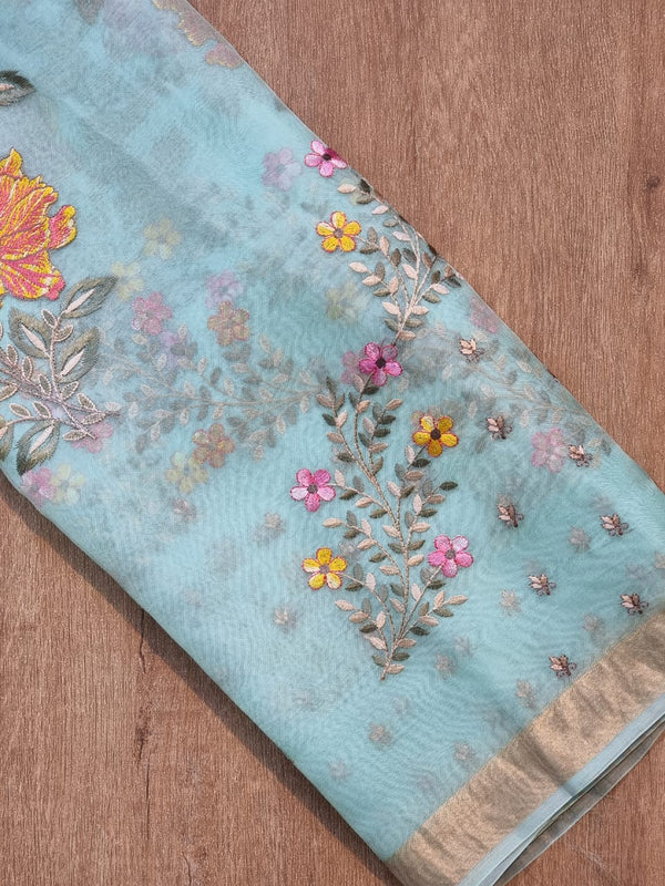 Pastel Blue Organza Floral Embroidery Saree