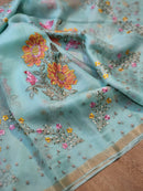 Pastel Blue Organza Floral Embroidery Saree