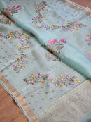 Pastel Blue Organza Floral Embroidery Saree