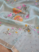 Pastel Blue Organza Floral Embroidery Saree