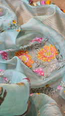 Pastel Blue Organza Floral Embroidery Saree