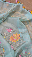 Pastel Blue Organza Floral Embroidery Saree