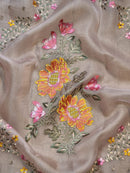 Pastel Pink Organza Floral Embroidery Saree