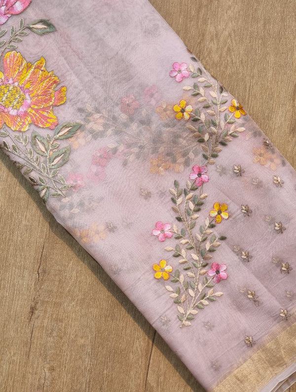 Pastel Pink Organza Floral Embroidery Saree
