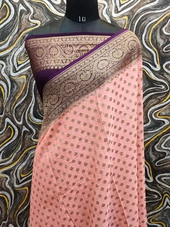 Peach Pink Khaddi Georgette Silk Saree