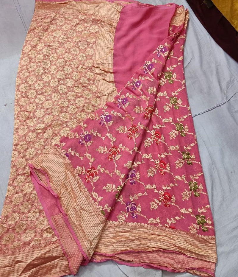 Green with Pink Roses | Blouse designs silk, Pure chiffon sarees, Saree  designs