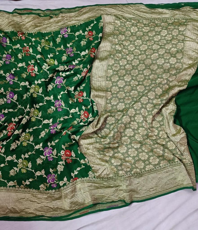 Green Banarasi Khaddi Chiffon Georgette Saree with Meenakari  Alfi Resham and Golden zari Jangala Designer