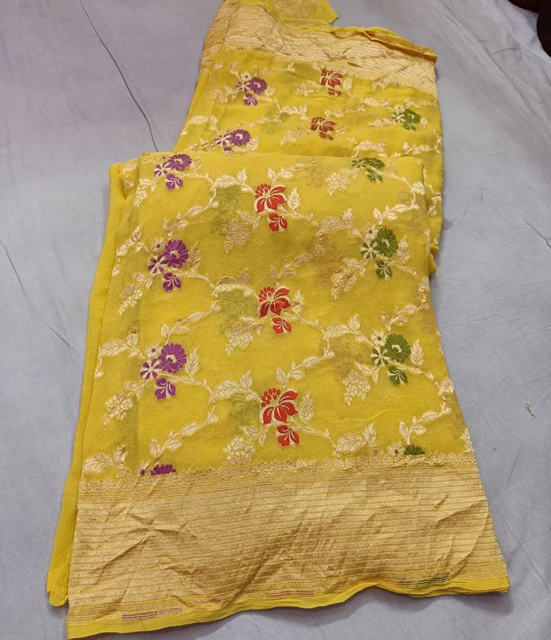 Yellow Banarasi Khaddi Chiffon Georgette Saree with Meenakari  Alfi Resham and Golden zari Jangala Designer