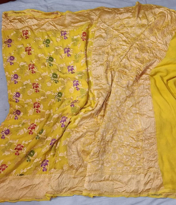 Yellow Banarasi Khaddi Chiffon Georgette Saree with Meenakari  Alfi Resham and Golden zari Jangala Designer