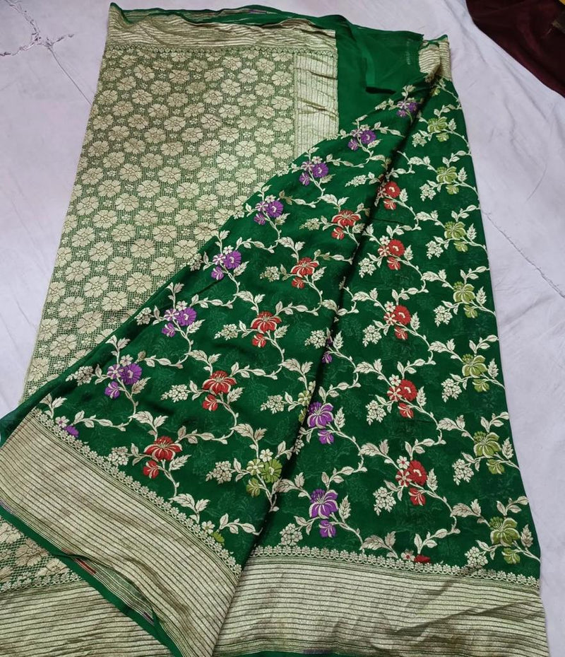 Green Banarasi Khaddi Chiffon Georgette Saree with Meenakari  Alfi Resham and Golden zari Jangala Designer