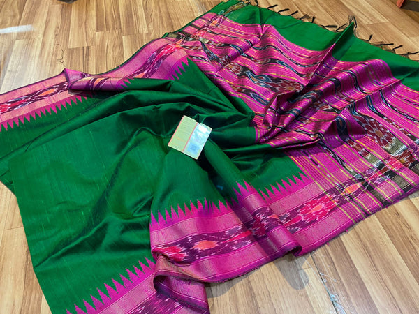 Pure Raw Silk Saree with Ikkat Pattern Contrast Temple Border