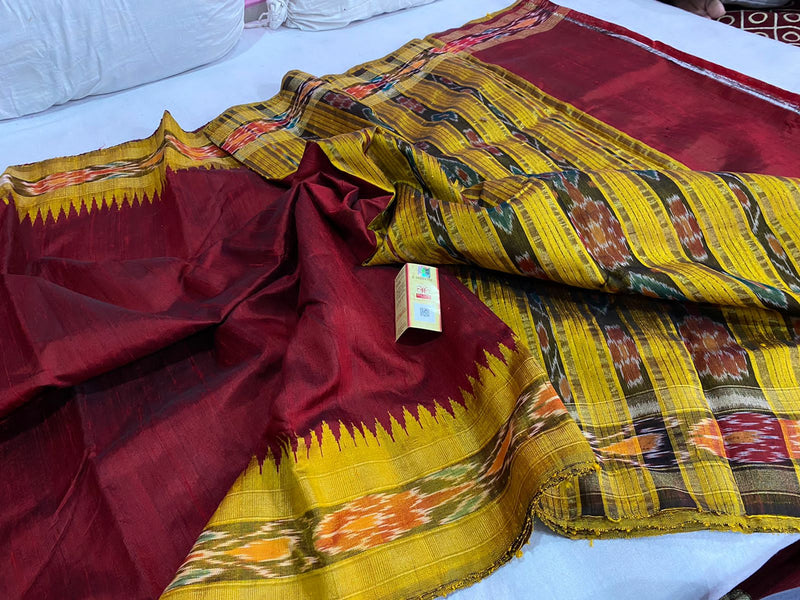 Pure Raw Silk Saree with Ikkat Pattern Contrast Temple Border