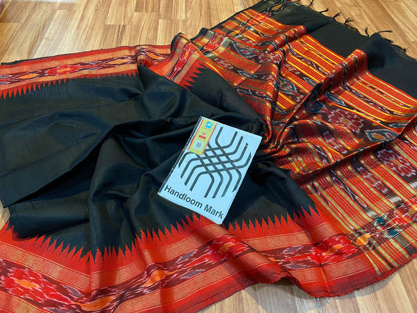 Pure Raw Silk Saree with Ikkat Pattern Contrast Temple Border
