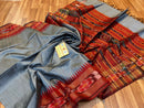 Pure Raw Silk Saree with Ikkat Pattern Contrast Temple Border
