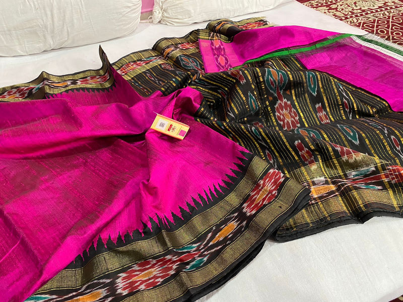 Pure Raw Silk Saree with Ikkat Pattern Contrast Temple Border