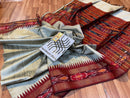 Pure Raw Silk Saree with Ikkat Pattern Contrast Temple Border