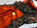 Pure Raw Silk Saree with Ikkat Pattern Contrast Temple Border