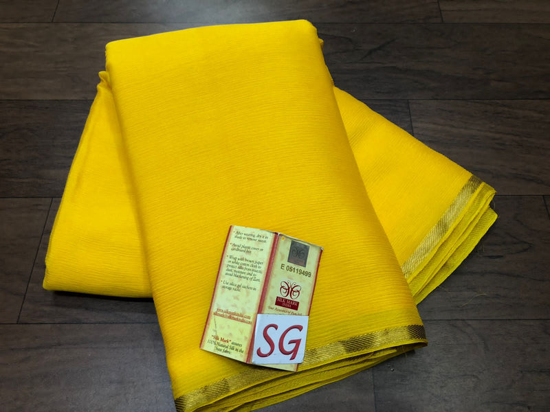 Yellow Wrinkle Mysore Crepe Silk Saree with Thin Golden Zari Border