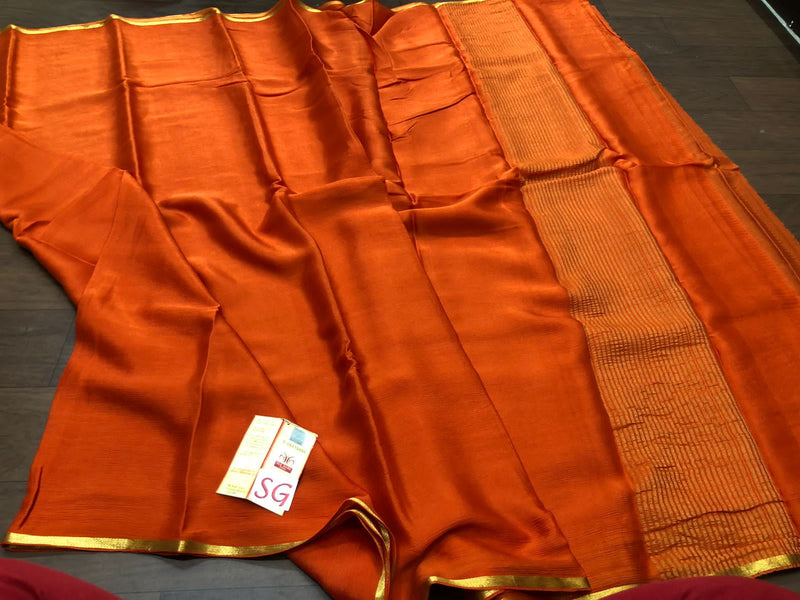 Rust Orange Wrinkle Mysore Crepe Silk Saree with Thin Golden Zari Border