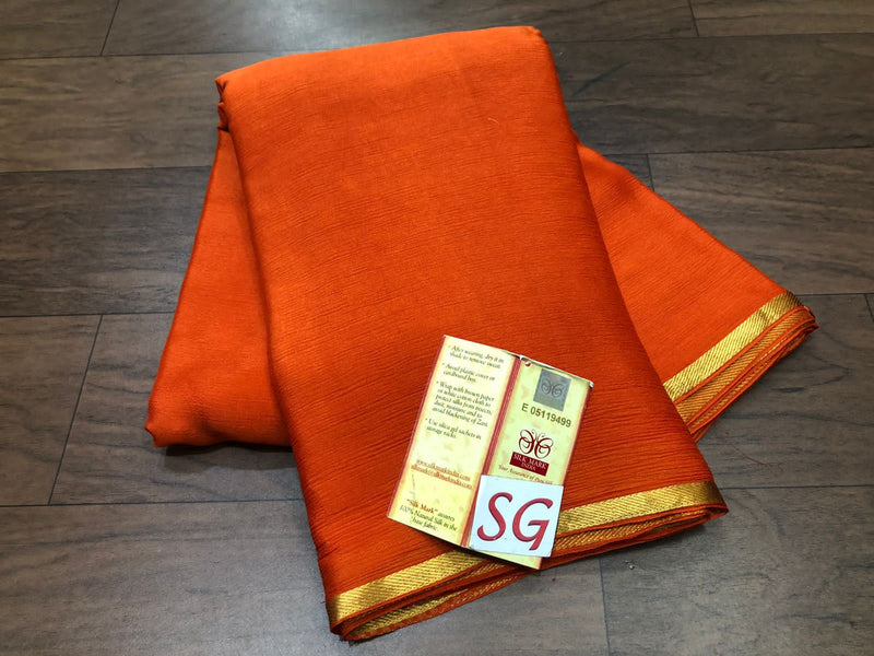 Rust Orange Wrinkle Mysore Crepe Silk Saree with Thin Golden Zari Border