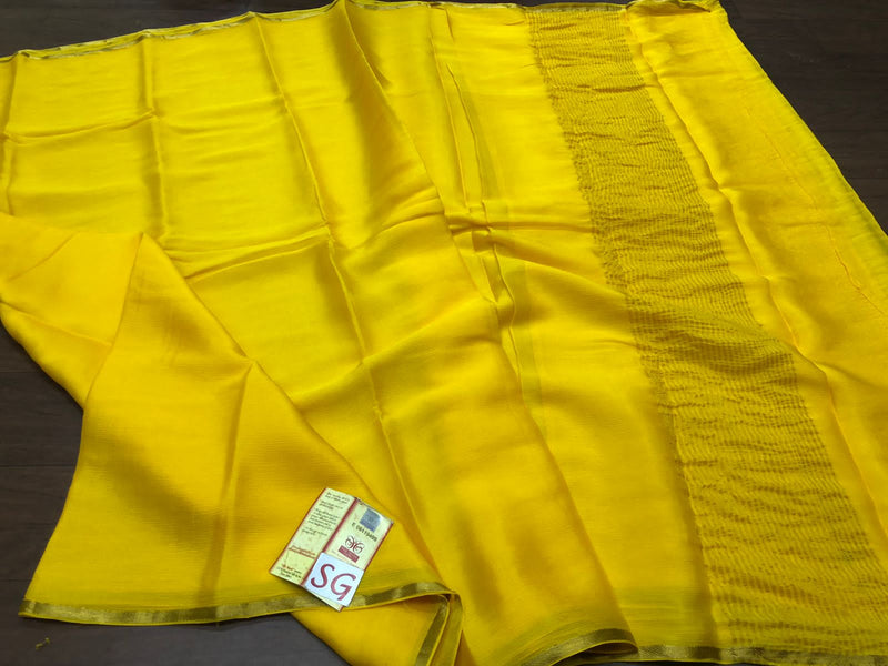 Yellow Wrinkle Mysore Crepe Silk Saree with Thin Golden Zari Border