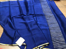 Navy Blue Wrinkle Mysore Crepe Silk Saree with Thin Golden Zari Border