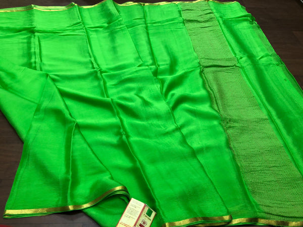 Parrot Green Wrinkle Mysore Crepe Silk Saree with Thin Golden Zari Border