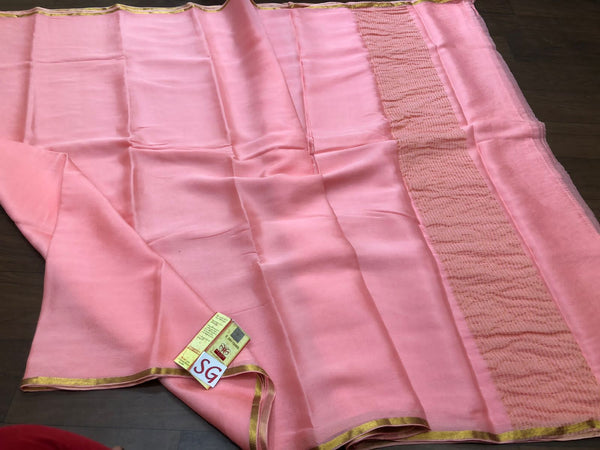 Baby Pink Wrinkle Mysore Crepe Silk Saree with Thin Golden Zari Border