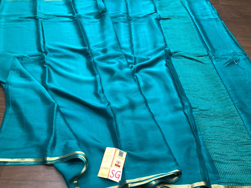 Blue Wrinkle Mysore Crepe Silk Saree with Thin Golden Zari Border