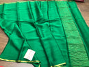 Green Wrinkle Mysore Crepe Silk Saree with Thin Golden Zari Border