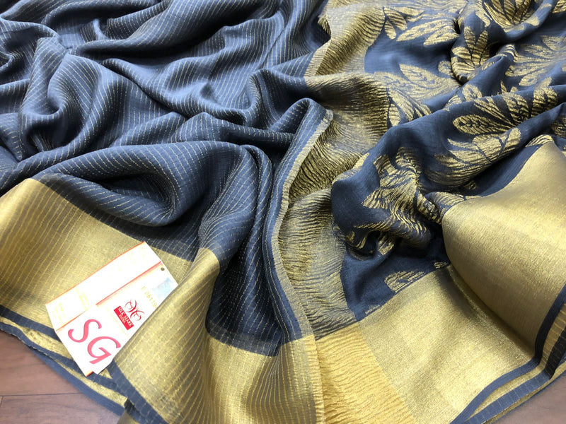 Grey Wrinkle Mysore Crepe Silk Saree with Zari Lines