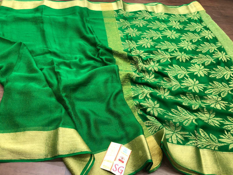 Green Wrinkle Mysore Crepe Silk Saree with Zari Lines