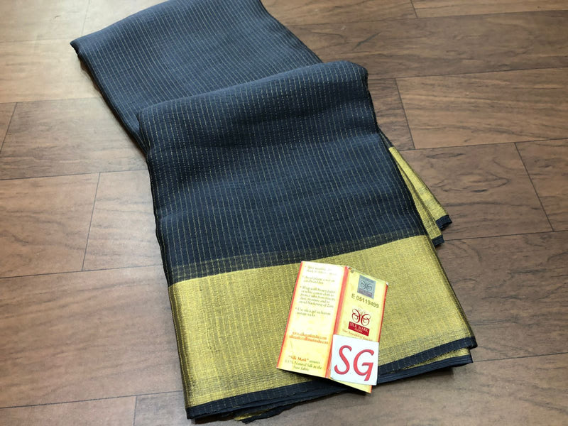 Dark Grey Wrinkle Mysore Crepe Silk Saree with Zari Lines