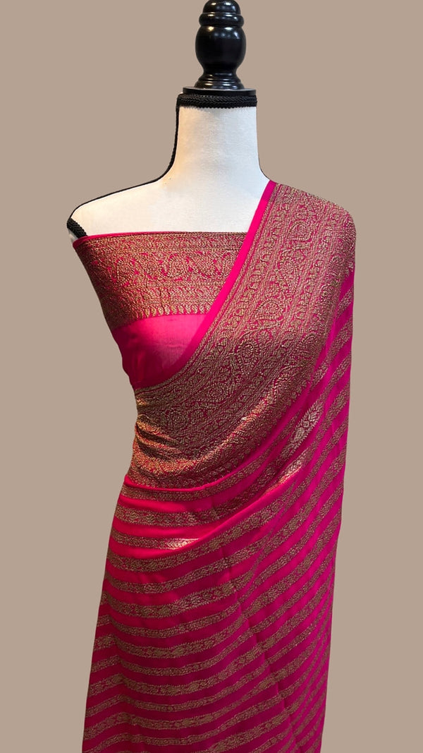 Pink Pure Banarasi Khaddi Georgette Fancy Zari Striped Silk Saree