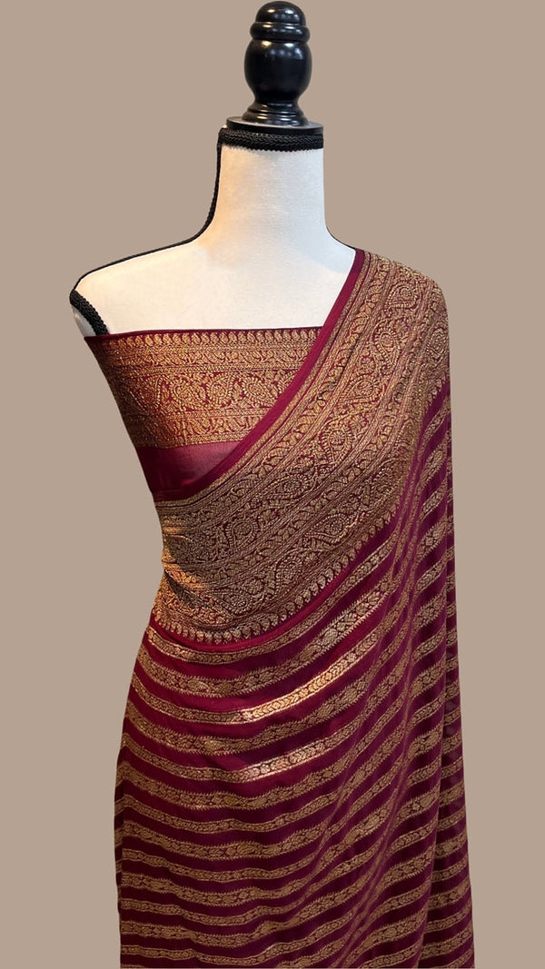 Dark Pink Banarasi Khaddi Georgette Fancy Zari Striped Silk Saree