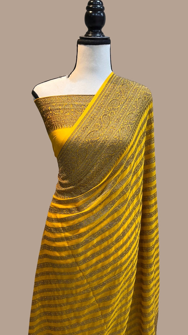 Yellow Pure Banarasi Khaddi Georgette Fancy Zari Striped Silk Saree